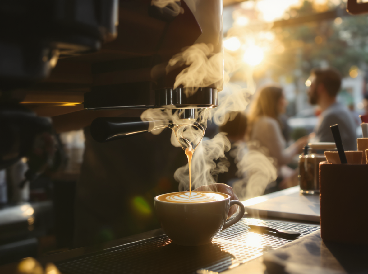 Cena em uma cafeteria iluminada pelo sol, destacando uma xícara sendo preenchida com café expresso, cercada por vapor suave. O fundo desfocado mostra pessoas conversando, criando um ambiente acolhedor e social. A composição usa foco seletivo para enfatizar a textura do café e o brilho metálico da máquina de café.